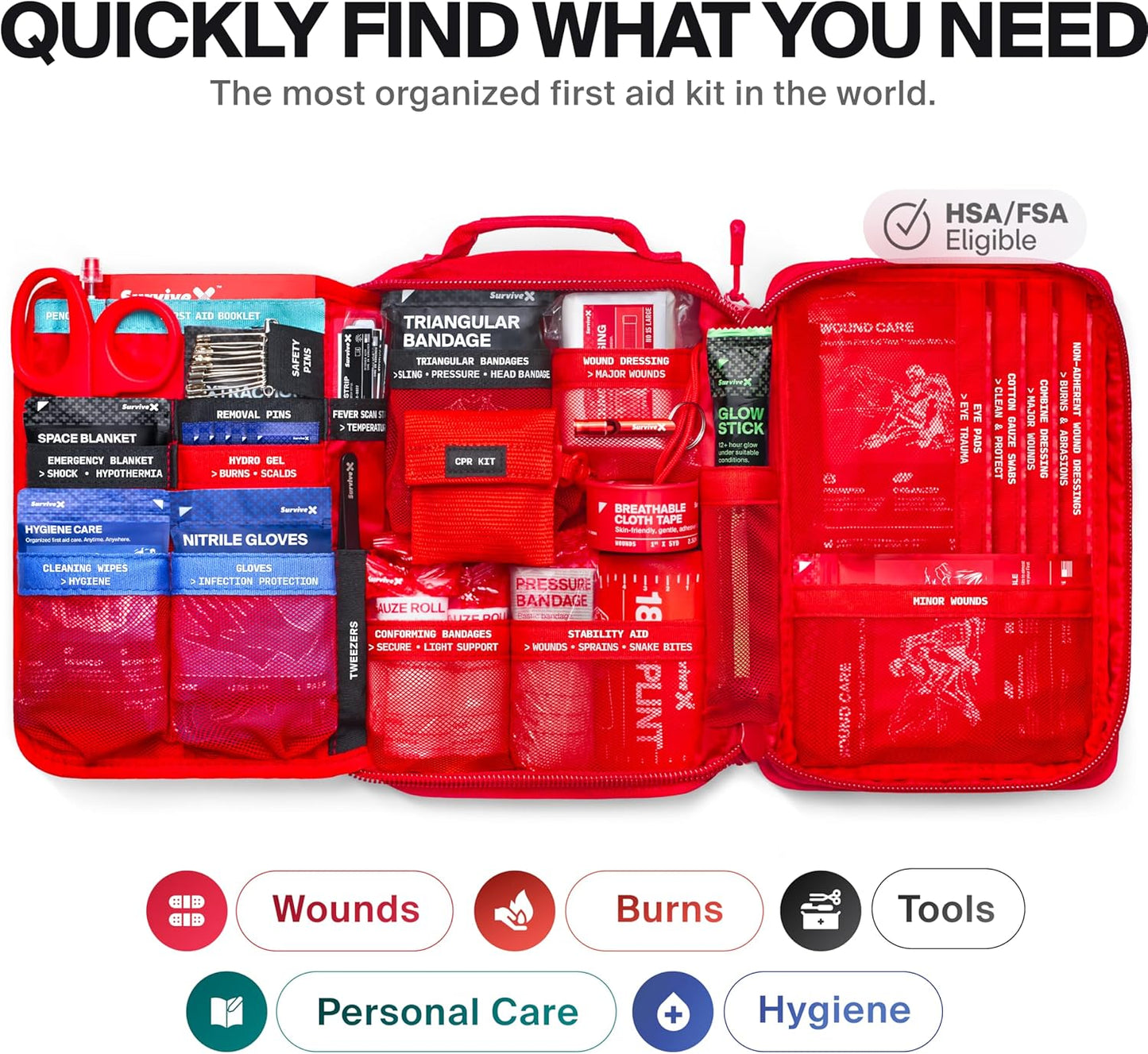 SurviveX Large First Aid Kit - Essential Emergency Kit for Car, Travel, Hiking & Camping - Includes Zip Stitch Wound Closure Strips