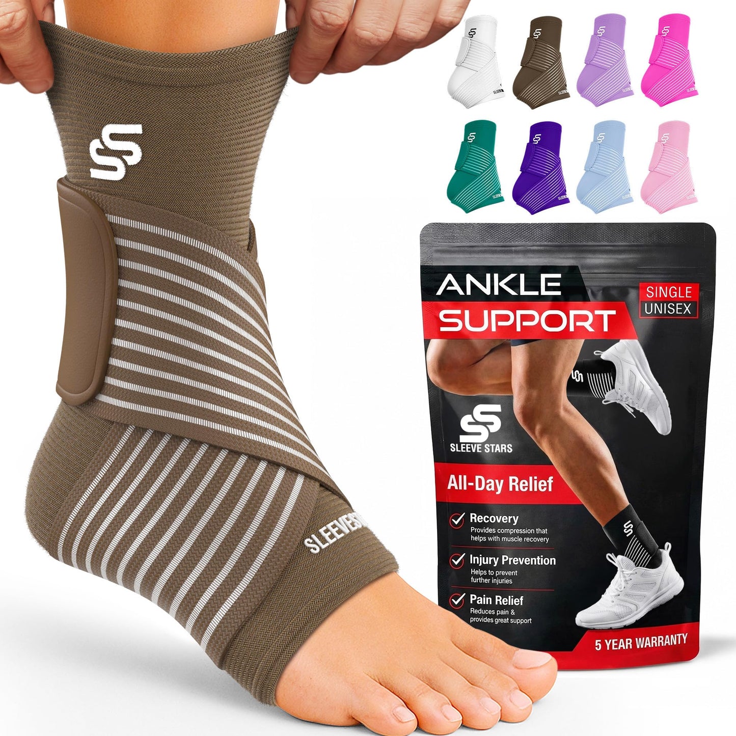 Sleeve Stars Ankle Brace for Women & Men, Ankle Wrap for Sprain, Compression Sleeve for Plantar Fasciitis Relief, Easy Customizable Support: w/ Removable Strap (Pair/M:10"-12"/Mocha Brown)