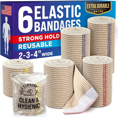 High-Performance Elastic Bandage Wrap - Strong Compression for Legs, Ankles, Wrists & Knees | 6 Pack (2x2in, 2x3in, 2x4in) - Ideal for First Aid & Post-Surgery Recovery