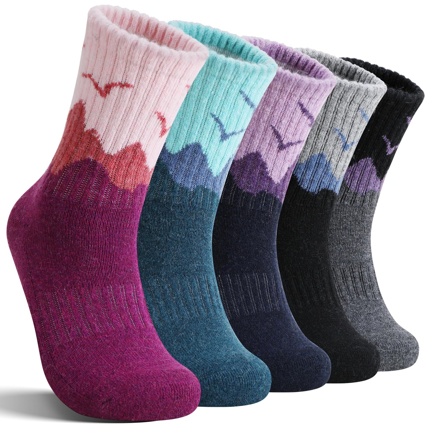 EBMORE Womens Merino Wool Hiking Socks Thermal Warm Winter Boot Crew Cushion Work Gift Socks 5 Pairs(Dark Gray/Black/Rose Red,L)