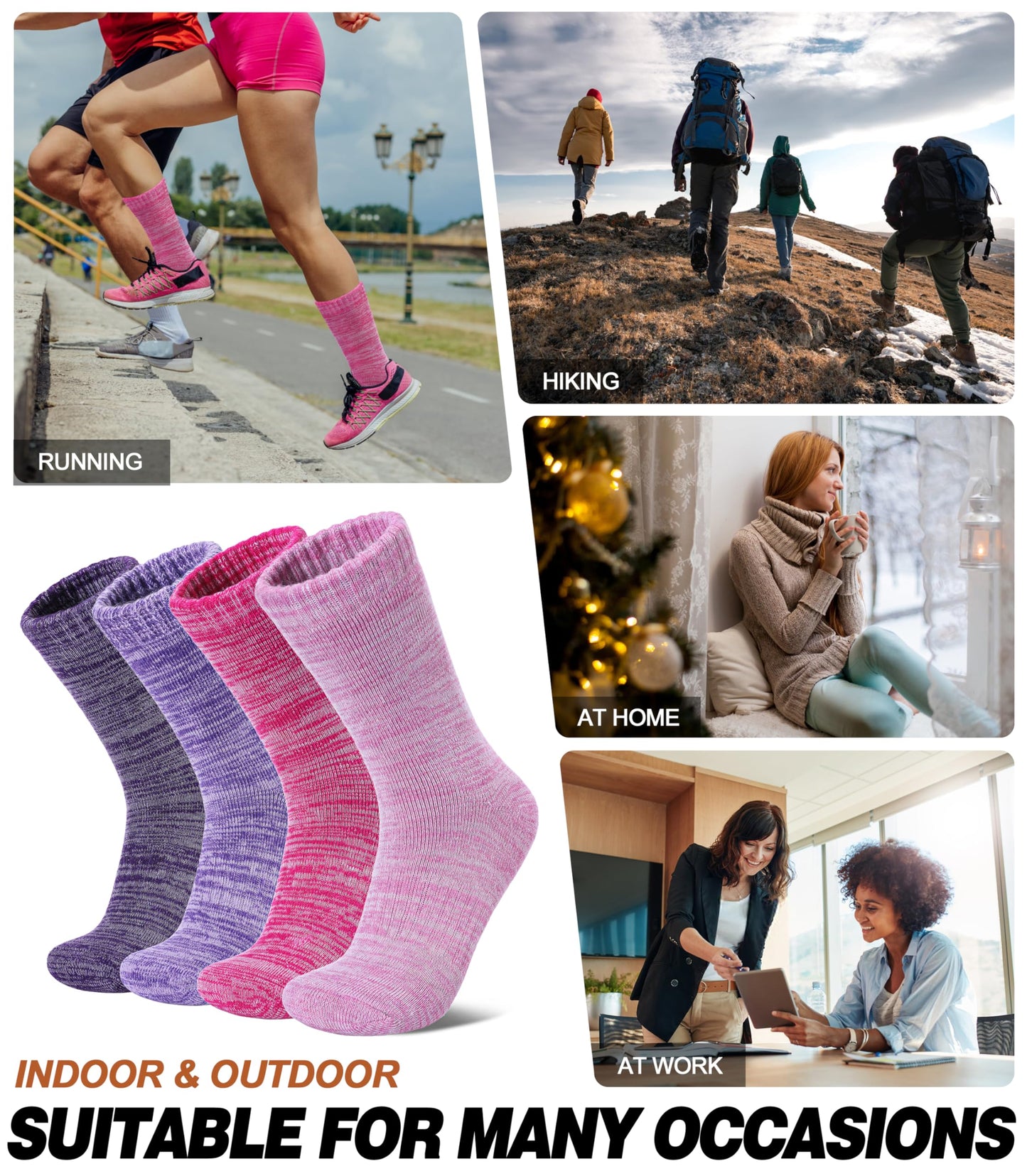 LANLEO Merino Wool Hiking Socks for Women Men Thermal Extra Thick Winter Warm Comfy Cushioning Crew Boot Socks 4 Pairs Rose Red/Pink/Dark Purple/Light Purple,Medium