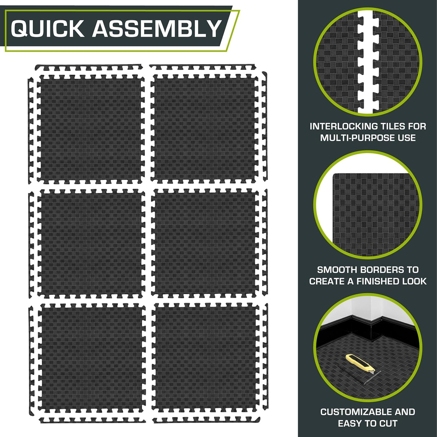 ProsourceFit Exercise Puzzle Mat - ½-Inch Checkered EVA Foam Tiles | Non-Slip, Shock Absorbing, Waterproof Gym Flooring - Black
