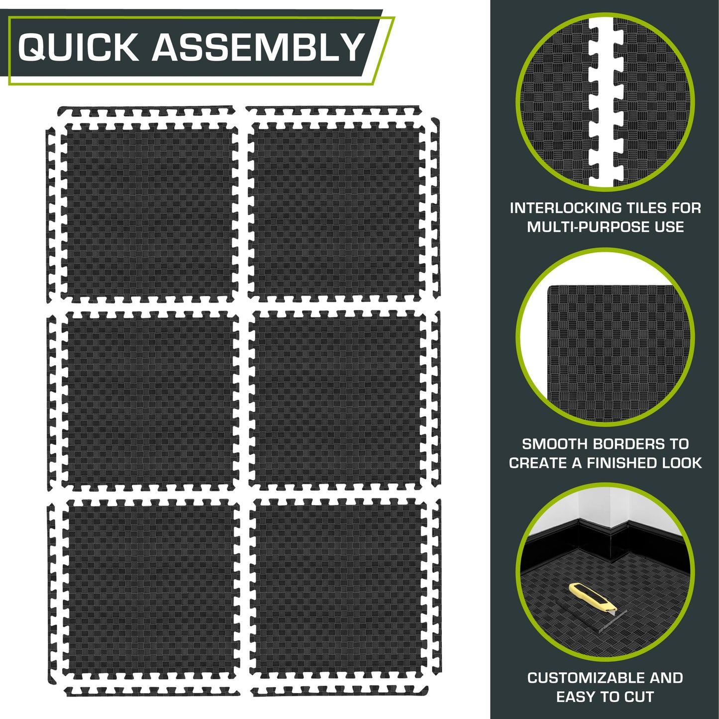 ProsourceFit Exercise Puzzle Mat ½-inch, Checkered EVA Foam Floor Tiles w/Non-Slip Texture, Interlocking Design for Adjustable Gym Surfaces, Shock Absorbing, Black, 24 Sq Ft - 6 Tiles