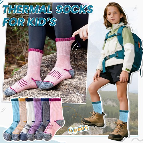 Eocom Kids Merino Wool Hiking Socks Toddlers Boys Girls Thermal Warm Winter Cushion Moisture Wicking Boot Crew Socks 6 Pairs(Assorted Color, 4-7 Years)