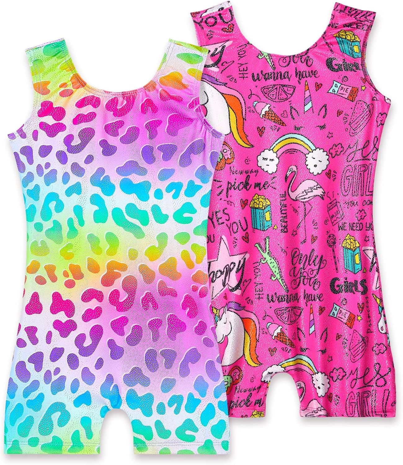 Skiennix 2 Pack Girls Gymnastics Leotards - Sparkly Sleeveless Tumbling Unitards with Shorts
