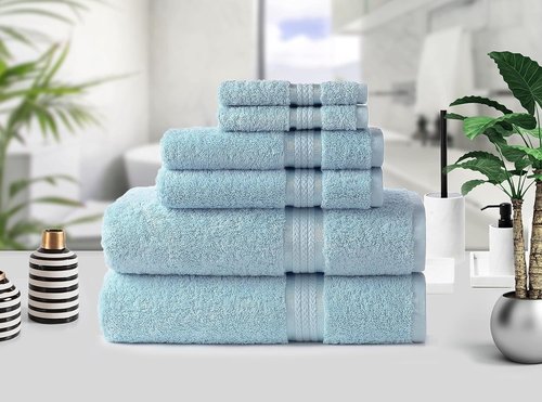 COTTON CRAFT Ultra Soft 6-Piece Towel Set | 100% Cotton Quick-Dry Bath Towels, Hand Towels & Washcloths - Light Blue