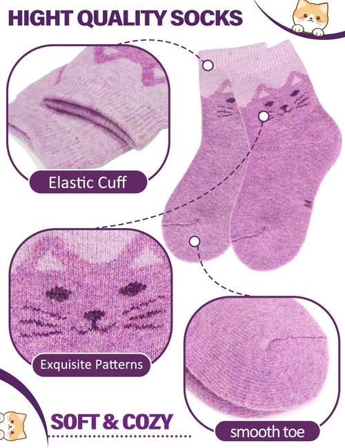EBMORE Kids Merino Wool Socks for Toddlers Boys Girls Warm Thermal Winter Thick Hiking Heavy Cozy Crew Boot Socks Gift Stocking Stuffer 6 Pairs(Cat Face,1-3 Y)