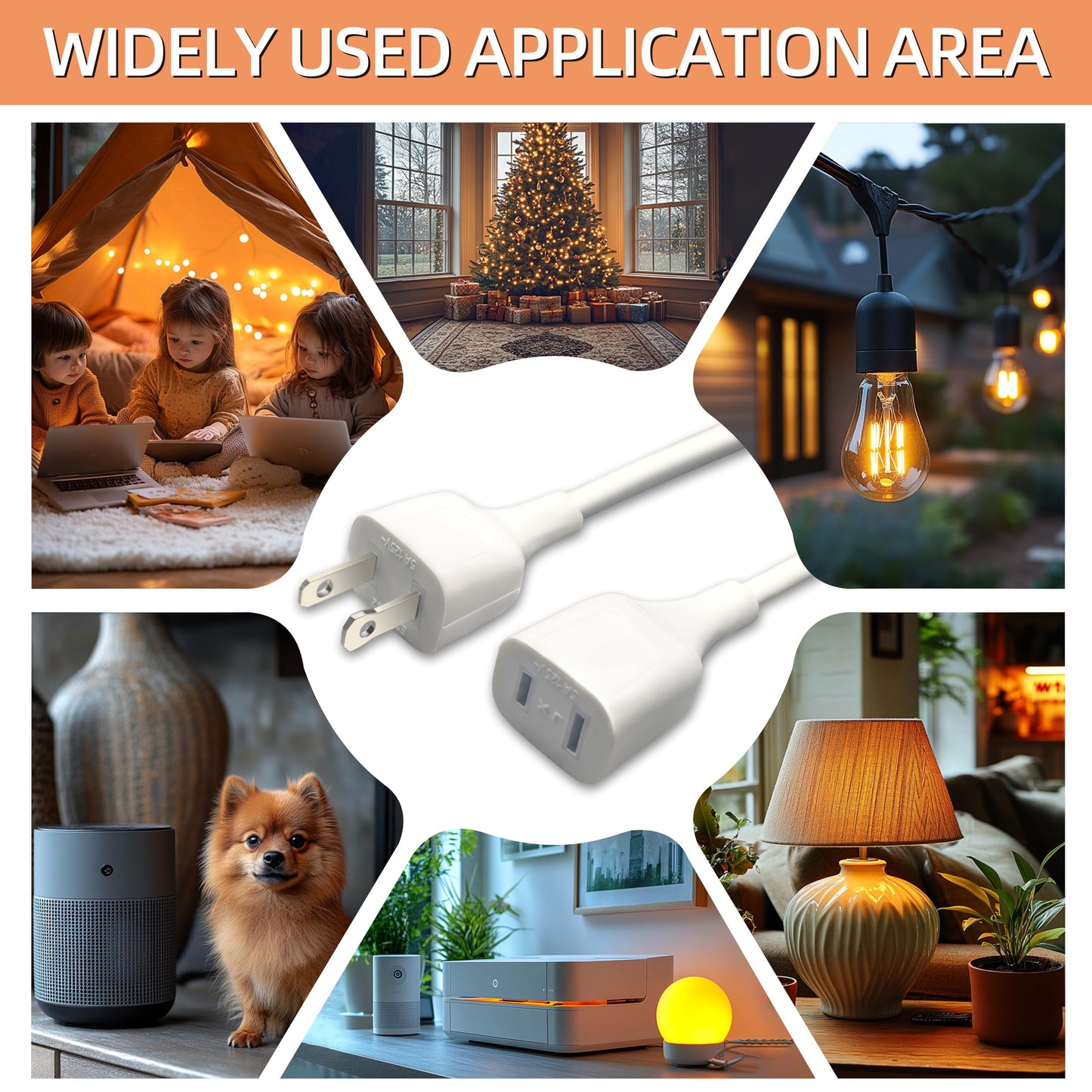 Polarity White Extension Cord 15FT 625W Extension Cords Thin Two Prong for Indoor Use Power Strip Outside Cables with Single Plug Ideal for Christmas Lights, Lamps, Cameras, Small Appliances (1 Pack)