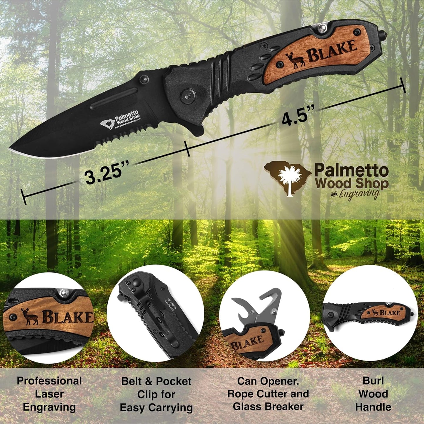 Palmetto Wood Shop Custom Pocket Knife - Laser Engraved Gift for Men | 3.25-Inch Stainless Steel Blade, 4.5-Inch Handle