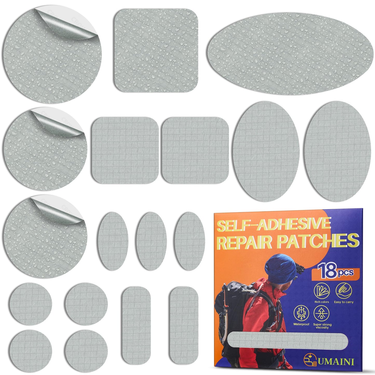Down Jacket Repair Patch Kit, Outdoor Gear Tenacious Repair Tape, Self Adhesive Fabric Patches for Clothes, Waterproof Ripstop Nylon fabric Patch for Puffer Jacket, Coat, Tent (18 Pcs, Light Gray)