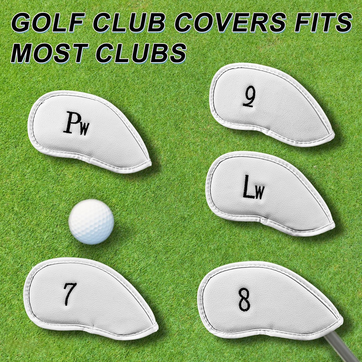 10PCS Premium Synthetic Leather Golf Club Covers, White Thick Golf Iron Covers, Durable and Stylish Head Covers for Golf Clubs, Fits Most Clubs