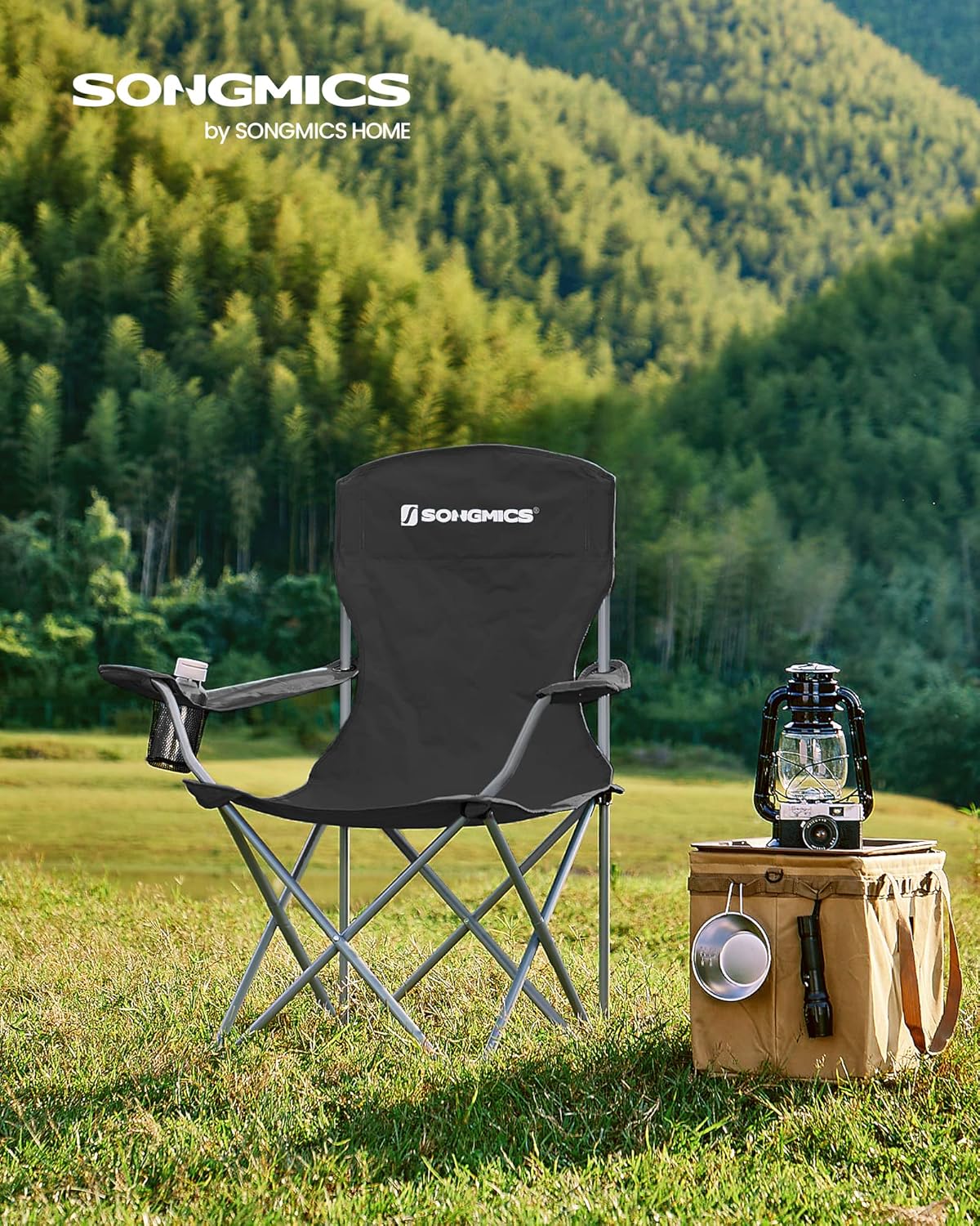 SONGMICS Folding Camping Chairs - Heavy Duty & Comfortable - Max Load 330 lb - Black, Set of 2