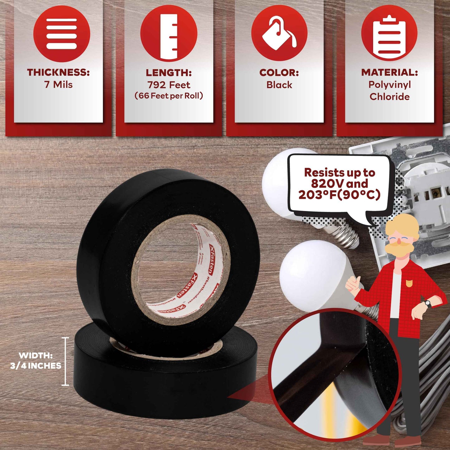 XFasten Electrical Tape Black 3/4 Inch x 66 Feet 12-Pack (792 Feet Total) UL/CSA Listed High Temp Residue-free Vinyl Automotive Electric Tape Waterproof (Black, 3/4 Inch x 66ft (12-Pack 792 ft Total))