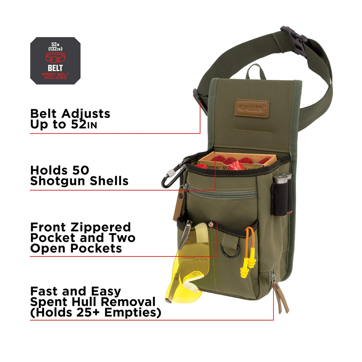 Allen Company Triumph Rip-Stop Shotgun Shell Holder Bag (52" Belt) Holds 50 Shells + 25 Empties - Olive Green - Clay, Trap, Skeet Shooting - Zippered Gun Range Bag - Tactical Gear, Shotgun Accessories