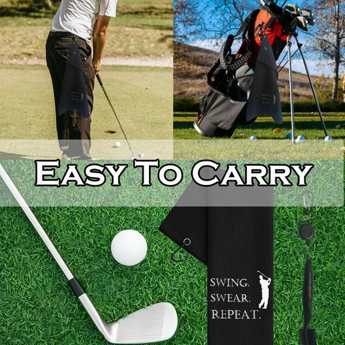 YLXLLSM Funny Golf Towels for Golf Bags for Men, Swing Swear Repeat Towel Golf Accessories for Men Golfers Women, Black Embroidered Towel with Clip Club Brush Groove Cleaner Set