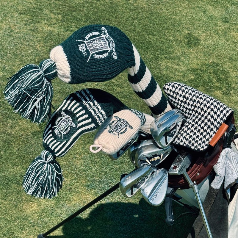 Wool Knit Golf Covers Set - Cream/Green