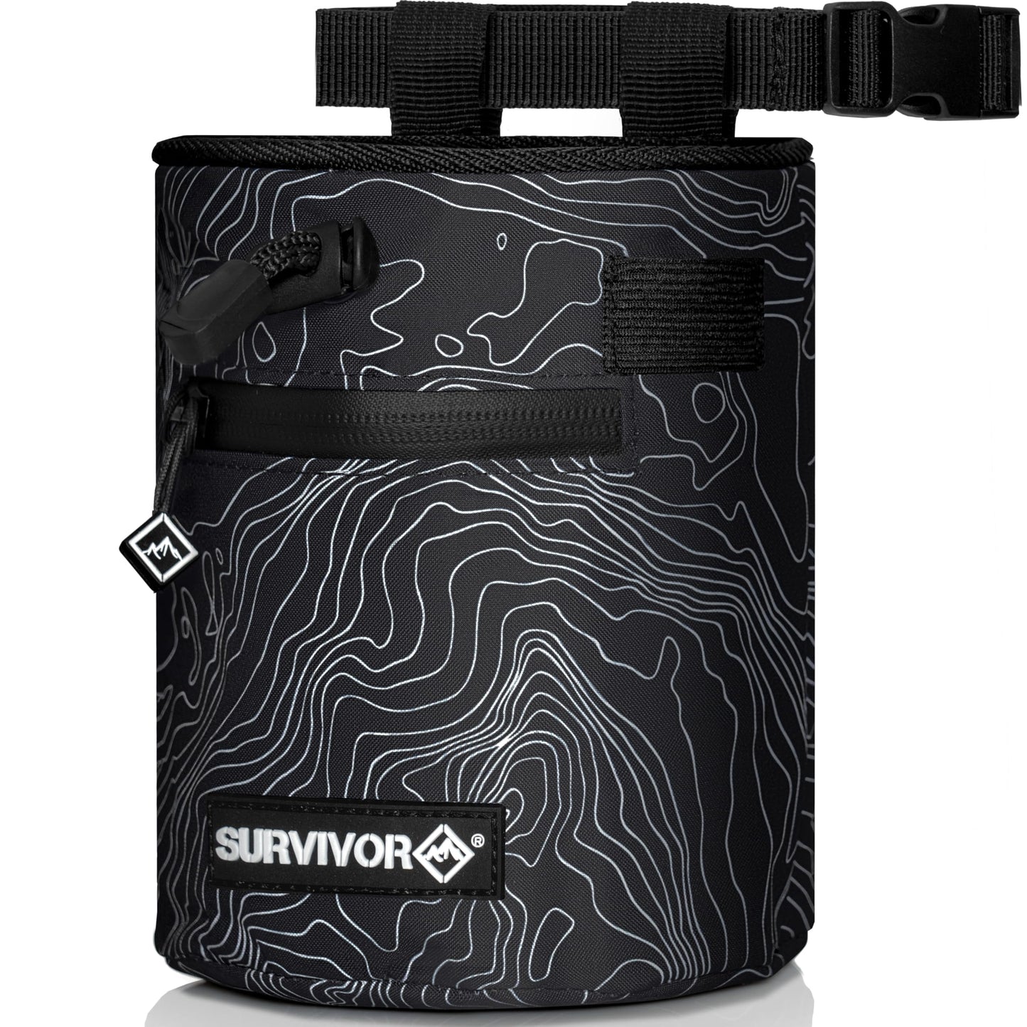 SURVIVOR Chalk Bag - Rock Climbing Chalk Bag for Rock Climbing, Bouldering, Weight Lifting, & More - Draw String Closure, 2 Zippered Pockets & Brush Holder - Gym Chalk Holder & Rock Climbing Bag