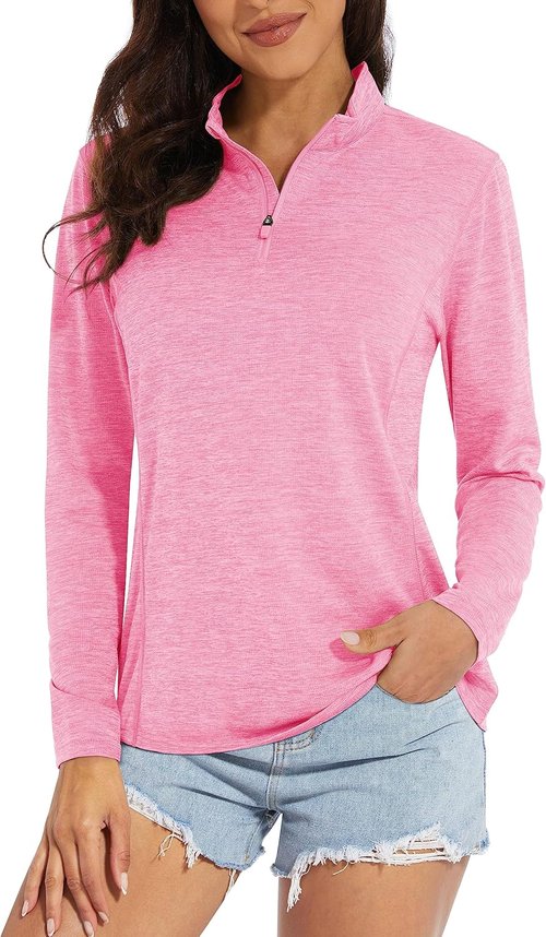 MAGCOMSEN Women's UPF 50+ Sun Shirt - Long Sleeve 1/4 Zip Quick Dry Athletic Top for Hiking & Running