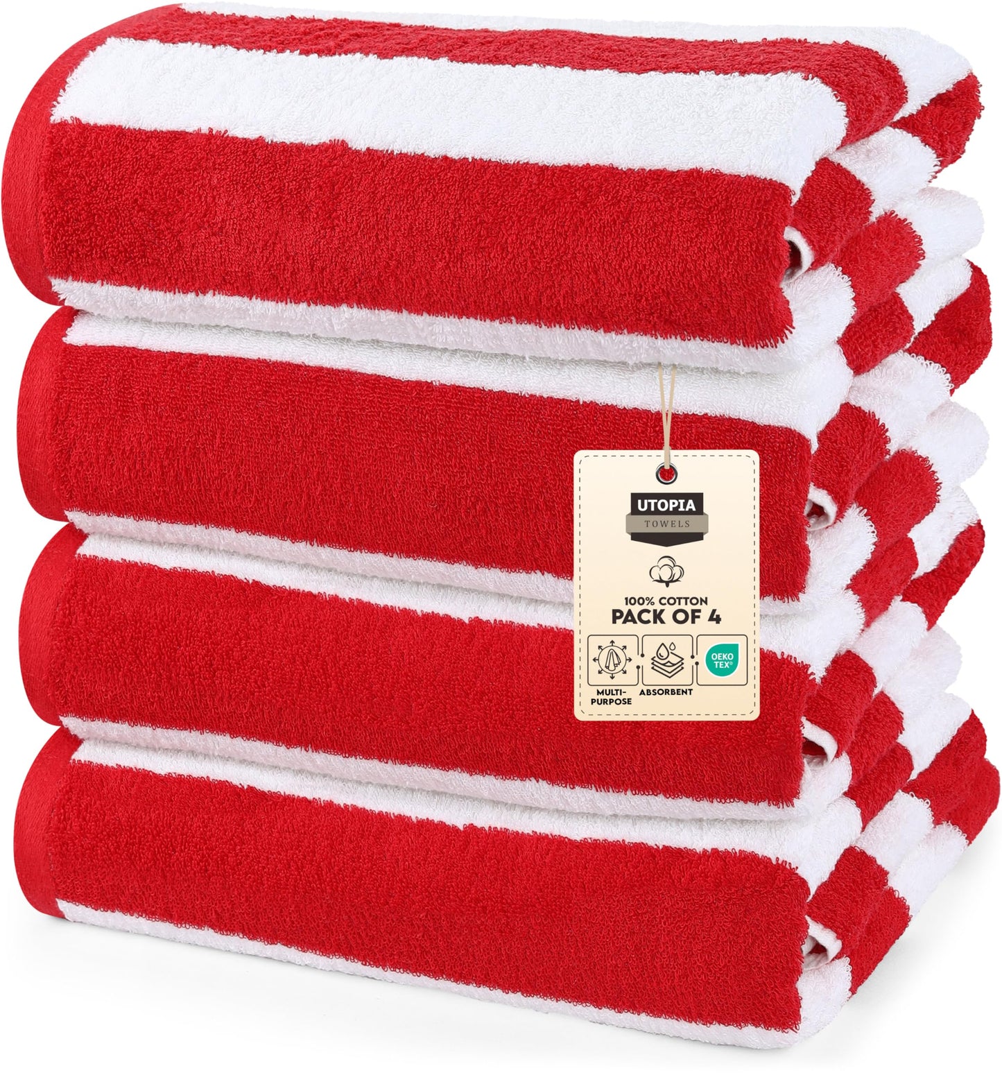 Utopia Towels Pack of 4 Cabana Beach Towels, Oversized 30 x 60 Inches Cotton Beach Towel Set, Smooth Ring Spun Texture for Pool and Swim Days, Modern Striped Design Bath Towels, Red