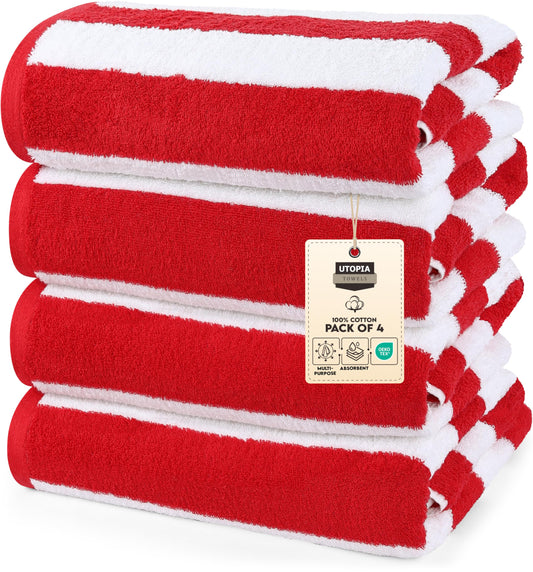 Utopia Towels Pack of 4 Cabana Beach Towels, Oversized 30 x 60 Inches Cotton Beach Towel Set, Smooth Ring Spun Texture for Pool and Swim Days, Modern Striped Design Bath Towels, Red