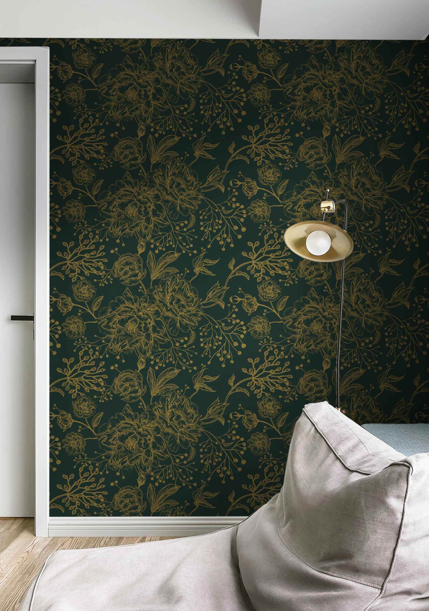 Safiyya Peel and Stick Wallpaper Boho Floral Contact Paper 196" x 17.3" Gold and Dark Green Wall Paper Modern Self Adhesive Removable Wallpaper for Bedroom Bathroom Vinyl Rolls