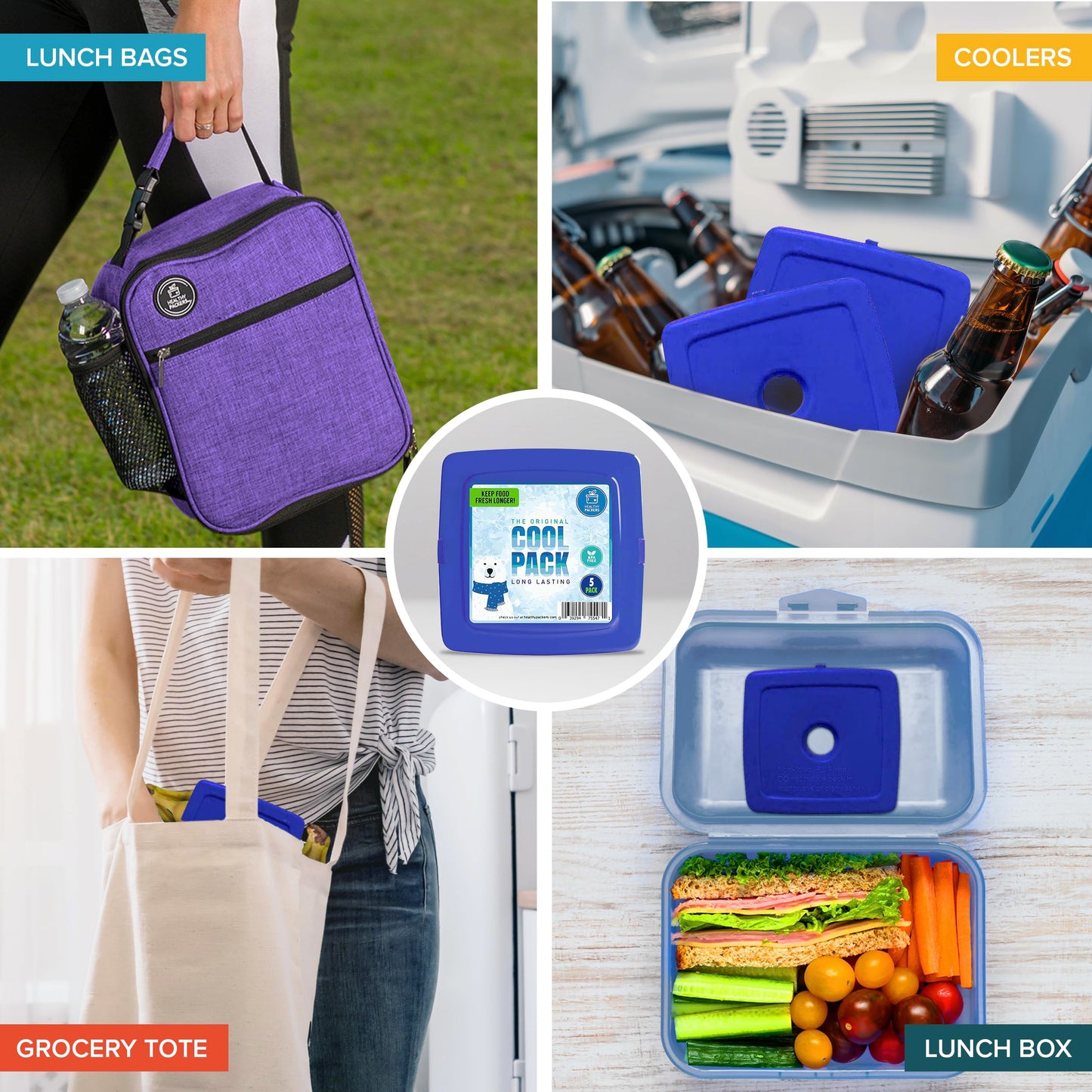 Healthy Packers® Reusable Ice Packs for Lunch Boxes Kids and Adults | Long‑Lasting Thin Freezer Packs for Coolers, Bento Boxes, Lunch Bags, Travel, School Meals, and Meal Prep (5-Pack | Square)
