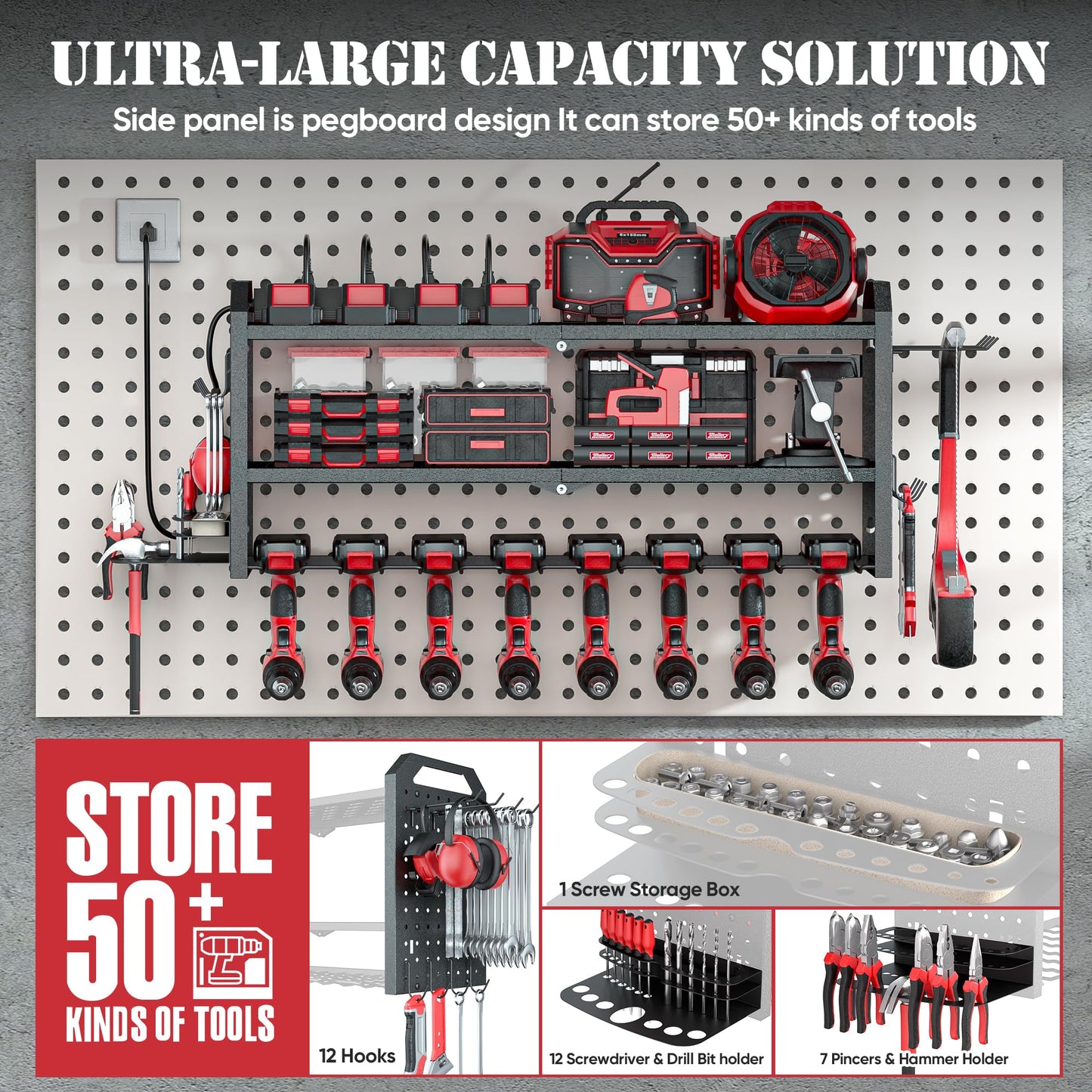 Power Tool Organizer with Charging Station Wall Mount, Built in 8 Outlet Surge Protection Power Strip, Drill Holder Wall Mount, Heavy Duty Metal Power Tool Storage Rack for Garage Organization Black