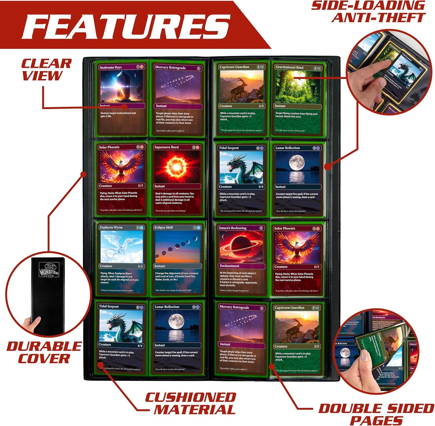 Monster Trading Card Album - Matte Black Binder with Anti-Theft Protection | Holds 320 Cards for Yu-Gi-Oh, Pokémon, MTG