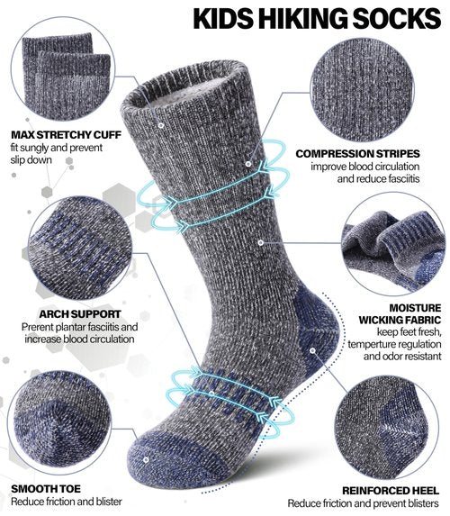 DOSKONI Kids Wool Hiking Socks Boys Girls Merino Wool Socks Thermal Winter Warm Thick Cushion Cozy Boot Crew Socks 3 Pairs-Pink Blue Yellow,12-15 Year Old