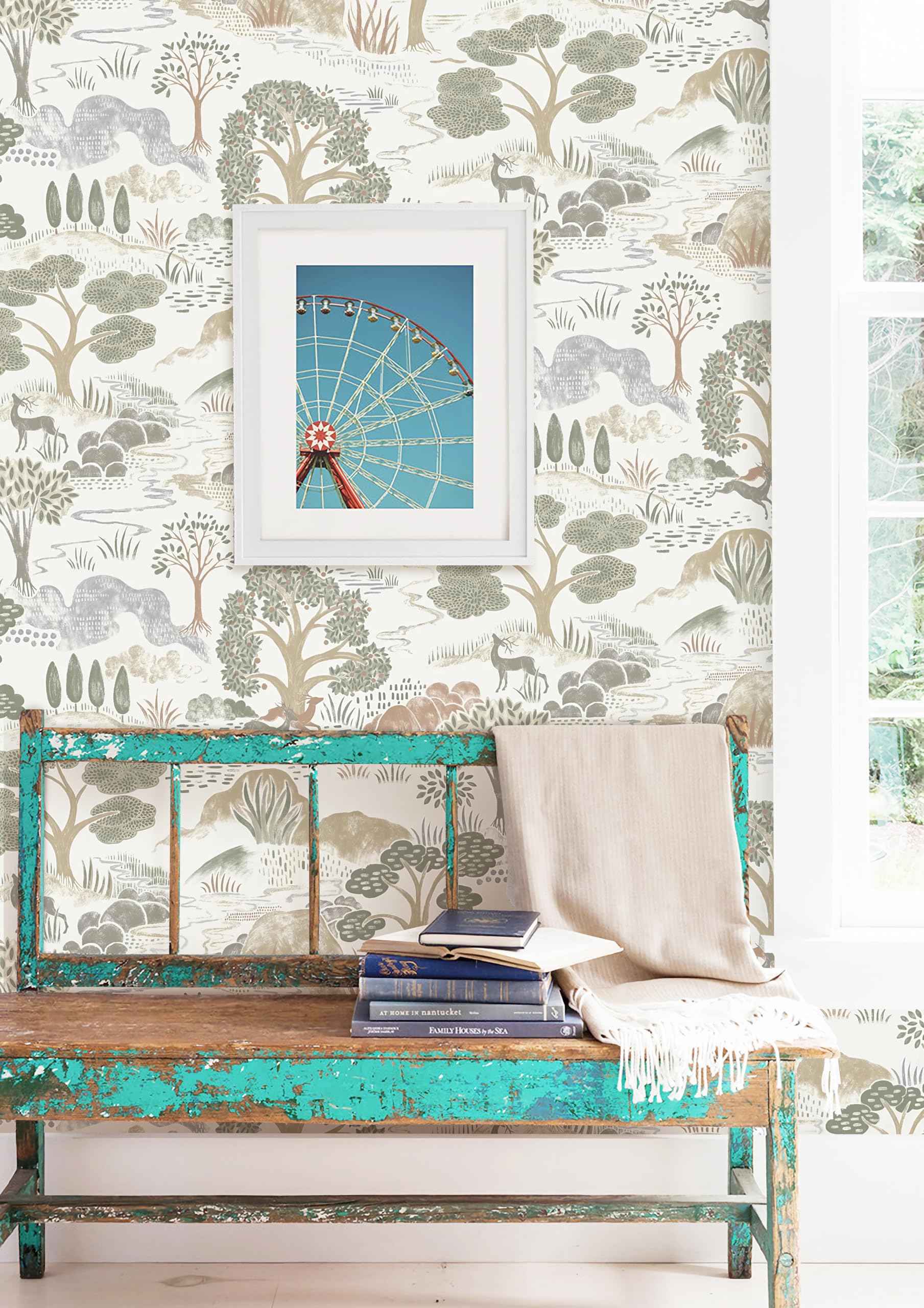 Erfoni 16.9"x197" Boho Forest Peel and Stick Wallpaper Green/Brown/White Contact Paper Forest Self Adhsive Peel and Stick Contact Paper DIY Removable Wallpaper for Bedroom Kids Nursery Decor