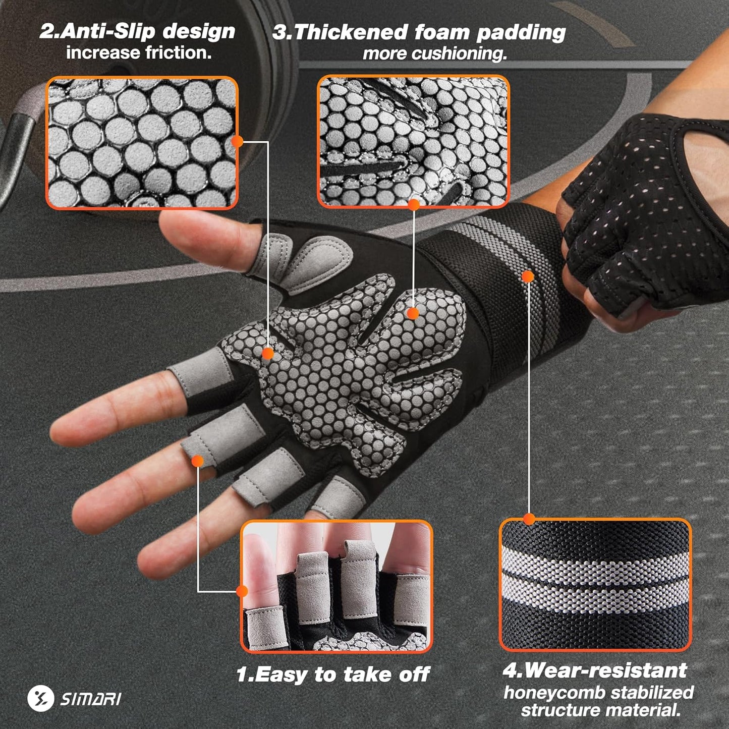 SIMARI Workout Gloves - Breathable Padded Weight Lifting Gloves with Wrist Wraps | Full Palm Protection, Fingerless, Black