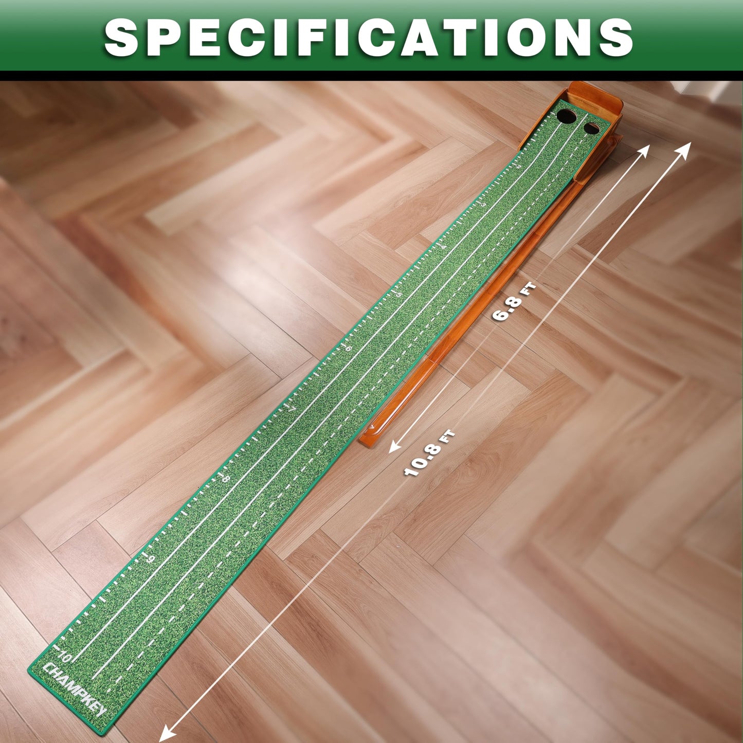 CHAMPKEY Premium Golf Putting Green Indoor with 3 Golf Putting Gates - Improves Putting Accuracy and Skill Levels Golf Putting Mat - Ideal for Indoor and Outdoor Training(Dual Hole - Wooden)