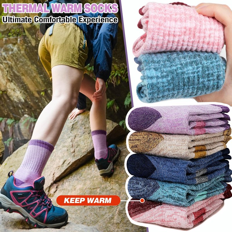 SAVALOS Merino Wool Hiking Socks for Women Thermal Warm Winter Cozy Work Crew Gifts Socks 5 Pairs Stocking Stuffers (Assorted A,L)
