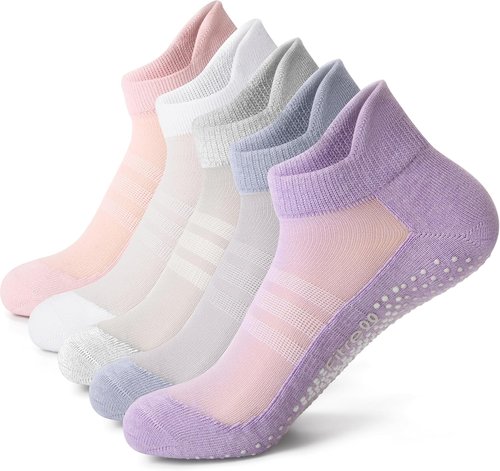 FITRELL Pilates Socks - Non-Slip Ankle Yoga Grip Socks for Women | 5 Pairs for Gym & Barre
