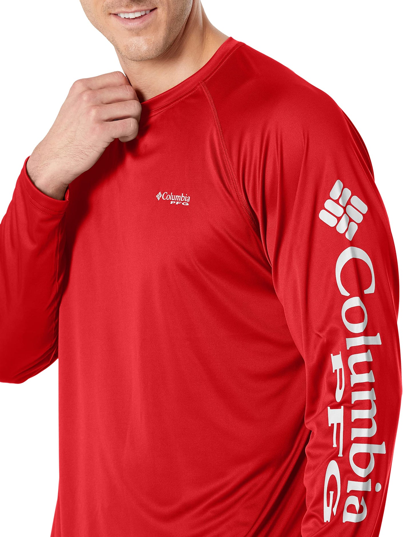 Columbia Men's PFG Terminal Tackle Long Sleeve Fishing Shirt, Red Spark/White Logo, X-Large