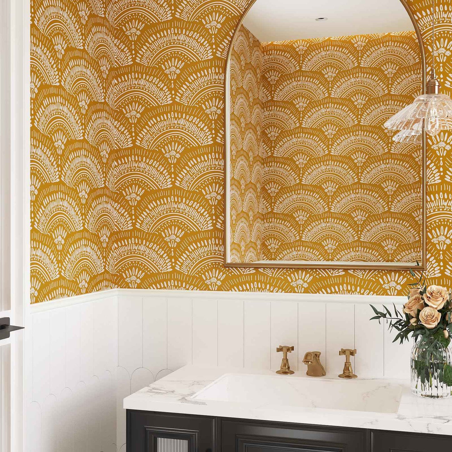 VEELIKE Mustard Yellow Geometric Peel and Stick Wallpaper Boho Geometric Wallpaper Removable 17.7''x118'' Renter Friendly Art Deco Wallpaper Peel and Stick for Bedroom Bathroom Accent Walls Cabinets