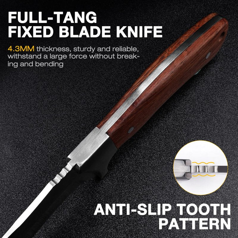 Flissa Fixed Blade Knife with Sheath, 9.8'' Full Tang Hunting Knife with High Carbon Steel Blade, Non-Slip Rose Wooden Handle, Lanyard Hole, Camping Knives for Hiking, Outdoor, Hunting, Survival, Camping