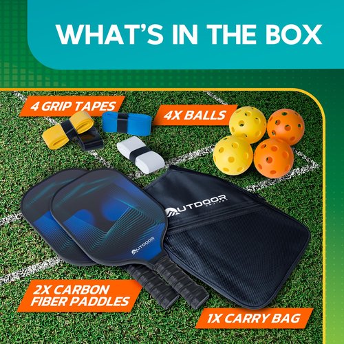 Outdoor Cruiser Pickleball Paddle Set – USAPA Approved, Premium Fiberglass Paddles with Lightweight Shock-Absorbing Grip, Includes 2 Rackets, 4 Balls, Grip Tapes, and Sling Carry Bag