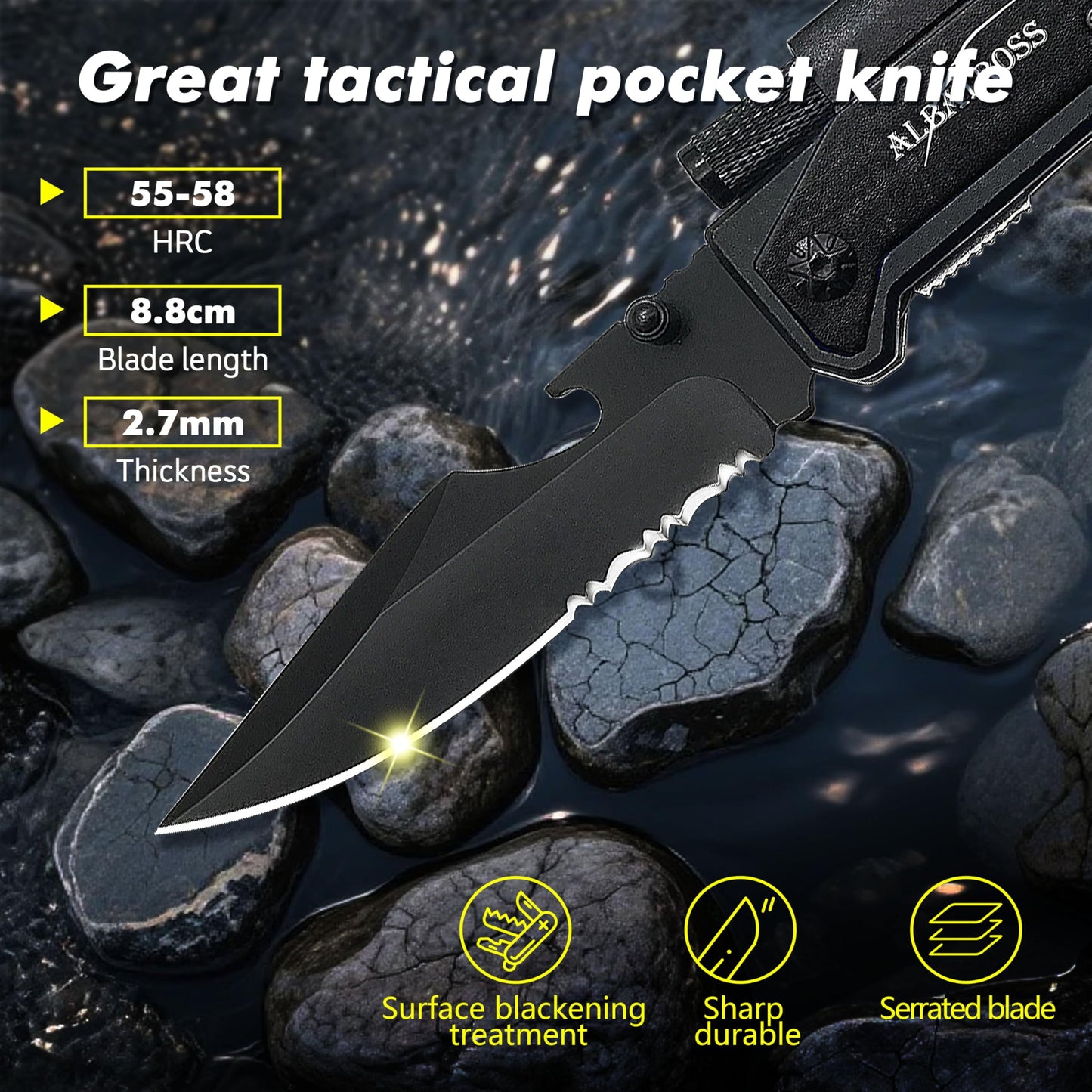 Father's Day, Mother's Day & Birthday Gifts For Men/Women: ALBATROSS 7-in-1 Tactical Survival Knife - Glass Breaker, Seatbelt Cutter, Serrated Steel Blade, Firestarter, LED Flashlight, Bottle Opener & Pouch | Military, Emergency, Outdoor Rescue Gear For D