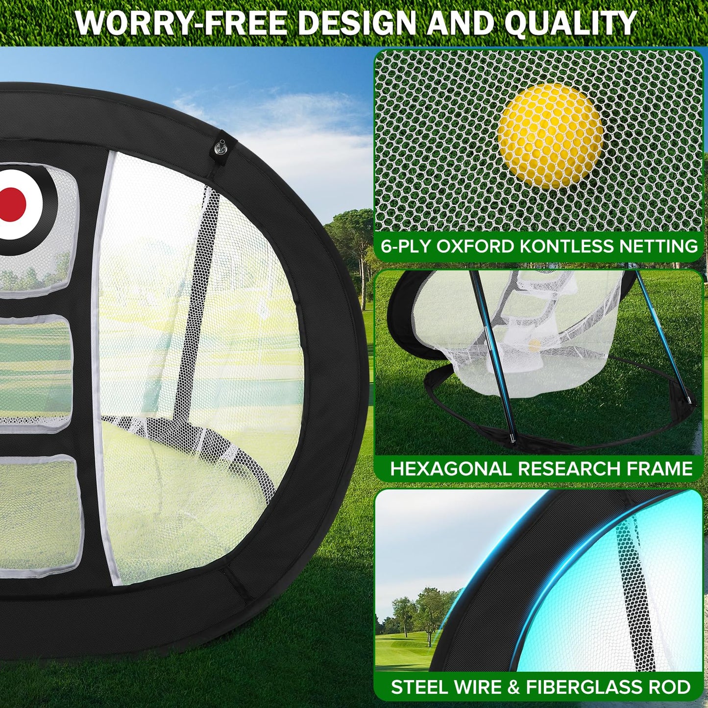 Narremcoy Golf Chipping Net with Tri-Turf Hitting Mat Set - Foldable Practice Target, 12 Foam Balls & 6 Tees in Carry Bag - Indoor Outdoor Backyard Golf Precision Training Gift & Aid for Beginners