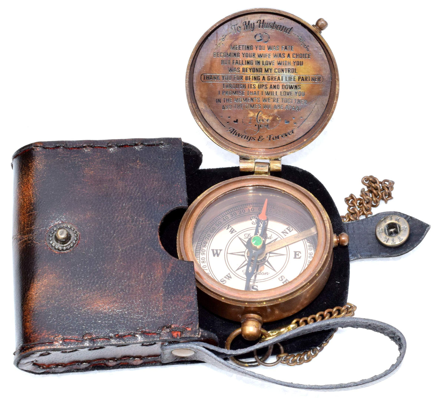 Antique Nautical Vintage Directional Magnetic Compass with Famous Scripture Quote Engraved Baptism Gifts with Leather Case or Wooden Case for Loved Ones, Son, Father, Love, Partner, Spouse, Fiancé