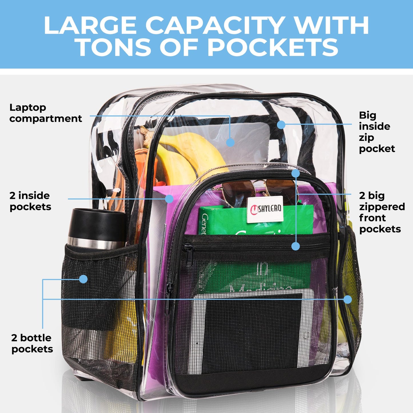 SHYLERO Clear Backpack For Work XL. Heavy Duty Backpack has TSA Lock, 2-WAY Zip, Transparent PVC - H18''xW14''xD8 (Small Black, S)