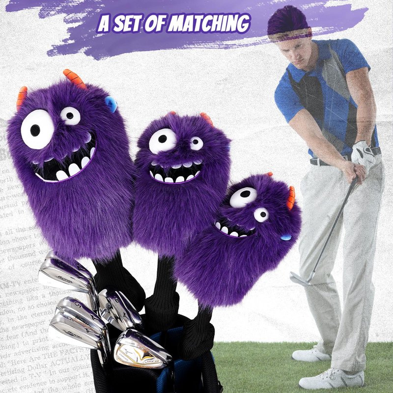LZFAN Funny Golf Headcover, Animals Plush Driver Headcover Fairway Hybrid Headcover, Golf Club Head Covers Gift for Men Women Purple Monster