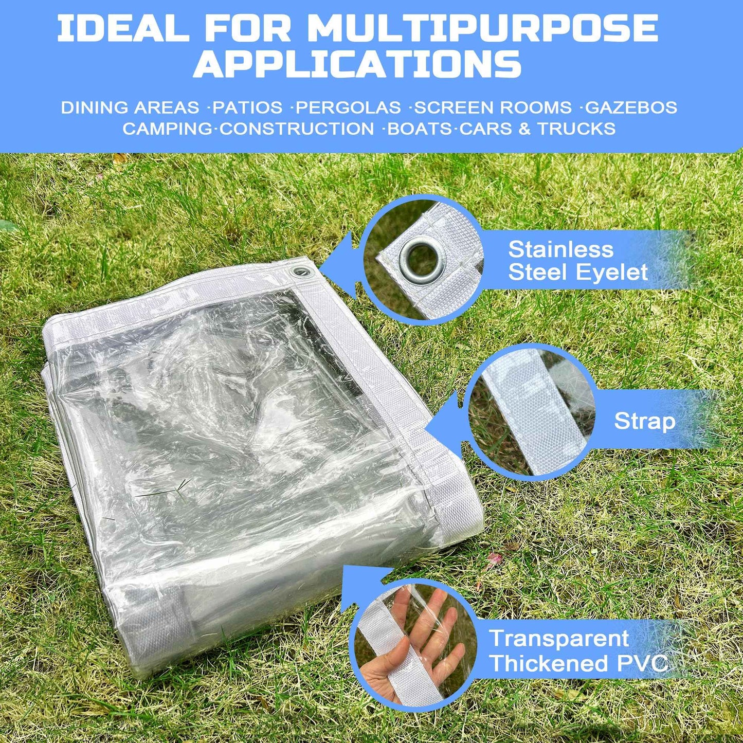 LTCANOPY Clear Tarp 8 x12FT, 20 Mil Clear Vinyl Tarp, Small Cover Plastic Sheeting with Grommets, Double-Stitched Reinforced Edges, Heavy Duty Tarps Waterproof and Tearproof