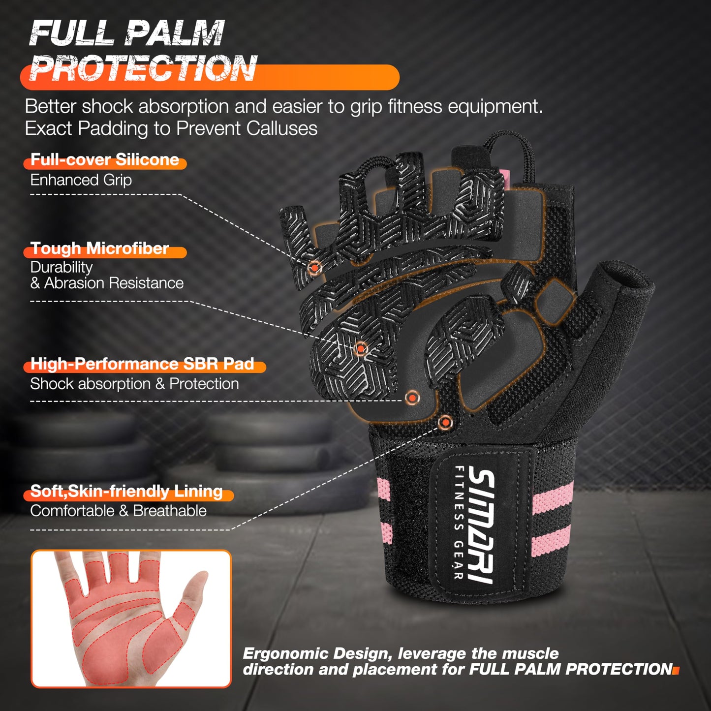 SIMARI Workout Gym Gloves for Men Women, Weight Lifting Gloves with Wrist Wrap Support, SBR Pad Grip for Full Palm Protection, for Exercise, Fitness, Dumbbells, Barbell, Climbing, Fingerless