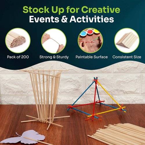 Mart Cobra Wooden Dowel Rods - 200 Pack | 1/8" x 6" Precut Birch Hardwood Craft Sticks - Smooth & Food Safe