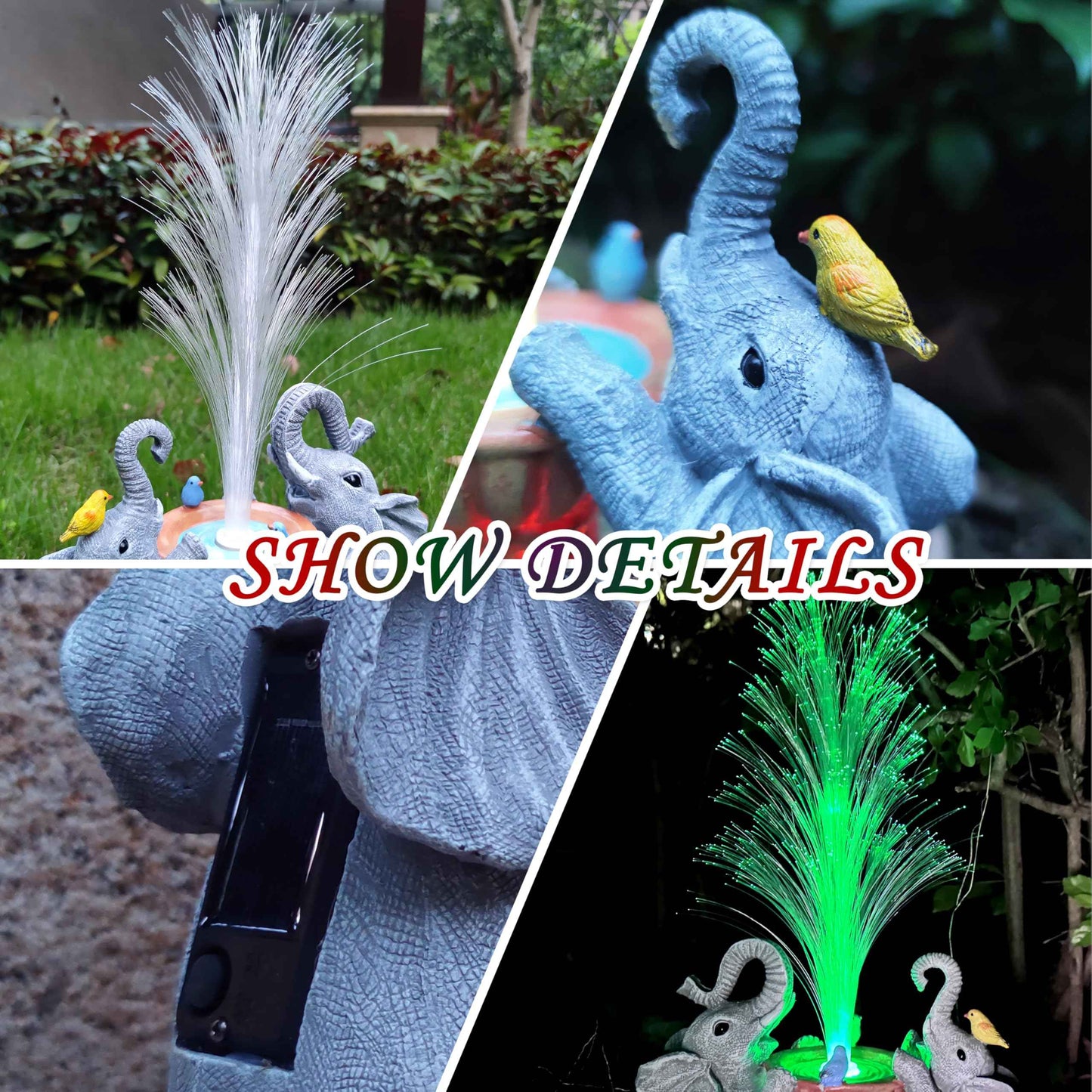 RCTTICUU Elephant Statue Solar Garden Decor,Resin Elephant Statue and Colour Changing Optical Fiber Solar Lights,Outdoor Decor for Balcony, Garden, Patio, Yard, Lawn, Gifts for Mom Grandma