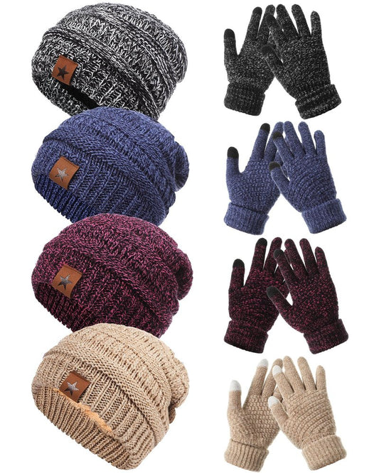 JaGely 8 Pieces Women Winter Hats and Gloves Set Women Warm Touchscreen Knitted Lined Gloves Winter Beanies(Navy Blue, Wine Red, Mixed Black White,Mixed Khaki,Without Pom Pom)