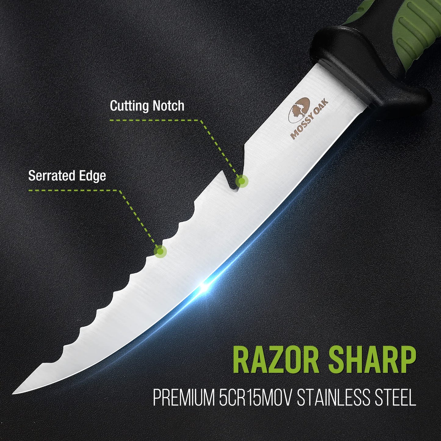 Mossy Oak 3-Piece Fishing Fillet Knife Set with Protective Sheath, Stainless Steel Filet Knives with Non-Slip Handle, Bait Knife for Filleting and Boning (Military Green)