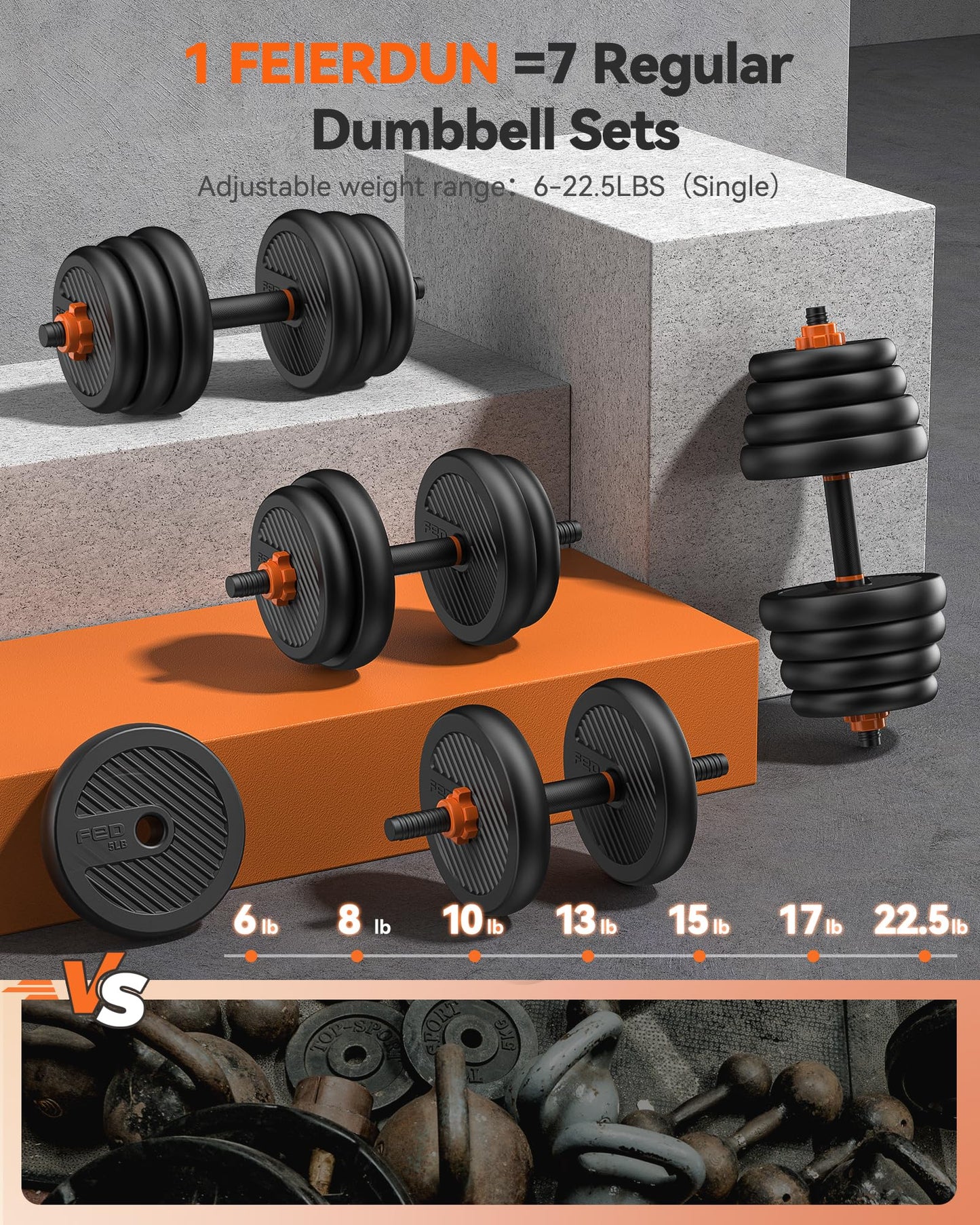 FEIERDUN Adjustable Dumbbells, 45lbs Free Weight Set with Connector, 4 in1 Dumbbells Set Used as Barbell, Kettlebells, Push up Stand, Fitness Exercises for Home Gym Suitable Men/Women.